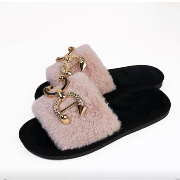 Glam Blush Faux Fur Slide Slippers w/ Gold Statement Hardware Boutique Cozy Luxe - Picture 3 of 3